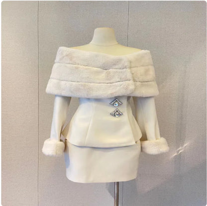 Off-Shoulder Faux Fur Coat & Skirt Set