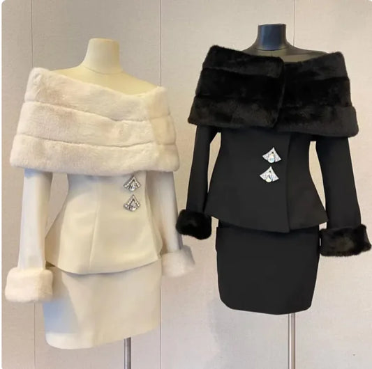 Off-Shoulder Faux Fur Coat & Skirt Set